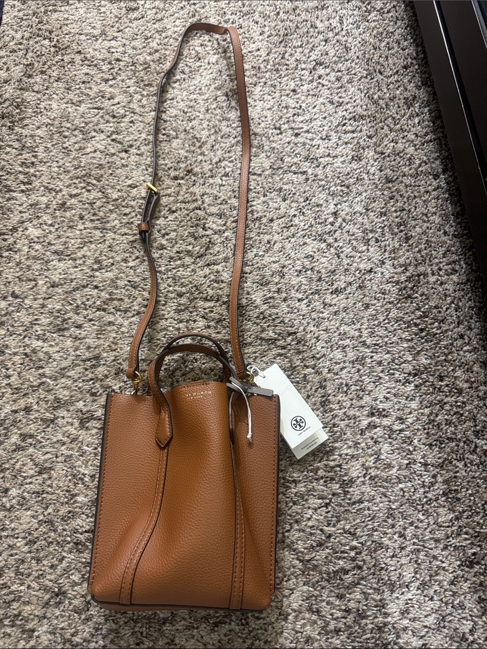 Tory Burch Cognac Pebbled Leather Mini Crossbody Tote
